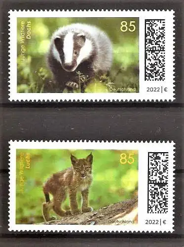 Briefmarke BRD Mi.Nr. 3681-3682 ** Tierbabys 2022 / Europäischer Dachs & Eurasischer Luchs / Kompletter Satz !