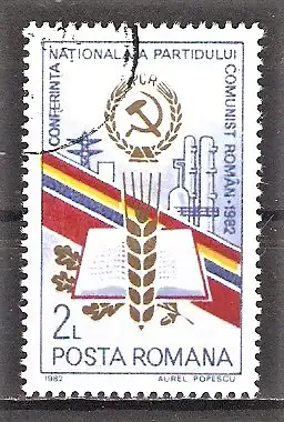 Briefmarke Rumänien Mi.Nr. 3914 o Kommunistische Partei 1982 / Parteiprogramm, Ähre, Industrieanlagen, Parteiemblem