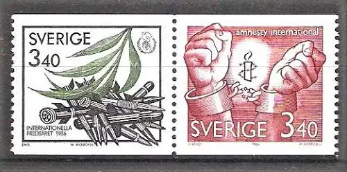 Briefmarke Schweden Mi.Nr. 1407-1408 ** Paar / Zusammendruck - Frieden und Freiheit 1986 / Kompletter Satz !