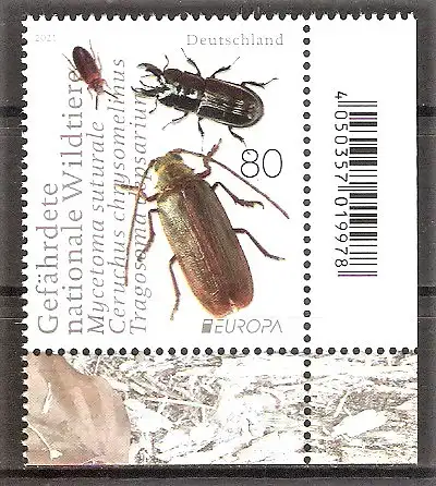 Briefmarke BRD Mi.Nr. 3605 ** BOGENECKE u.r. Europa CEPT 2021 / Käfer / Harzporling-Düsterkäfer, Rindenschröter, Zottenbock