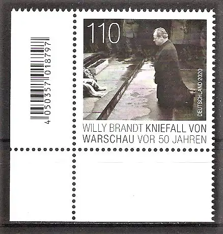 Briefmarke BRD Mi.Nr. 3579 ** BOGENECKE u.l. 50. Jahrestag des Kniefalls von Warschau 2020 / Bundeskanzler Willy Brandt