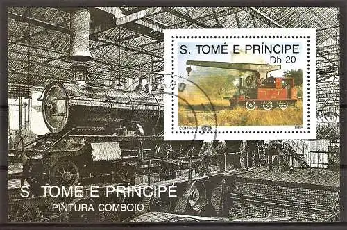 Briefmarke Sao Tome & Principe Block 213 o (Mi.Nr. 1139) Lokomotiven 1989 / Lokomotive aus Indien