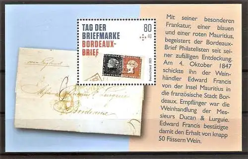 Briefmarke BRD BLOCK 88 ** (Mi.Nr. 3623) Tag der Briefmarke 2021 / Bordeaux-Brief mit Mauritius MiNr. 1 und 2