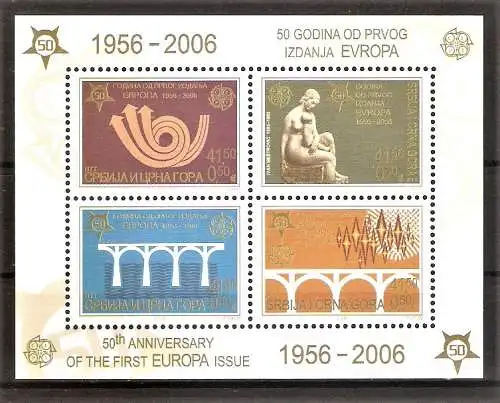 Briefmarke Jugoslawien Mi.Nr. 3261-3264 ** / Block 60 ** EUROPA CEPT 2005 / 50 Jahre Europamarken