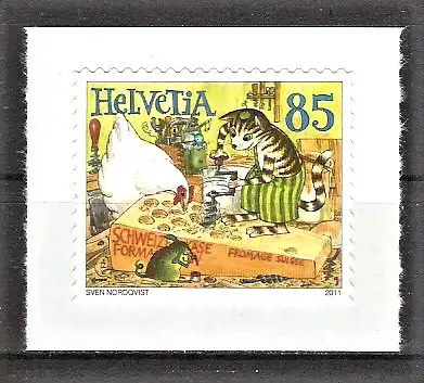 Briefmarke Schweiz Mi.Nr. 2197 ** Pettersson und Findus 2011 / Kater Findus bohrt Löcher in Schweizer Käse