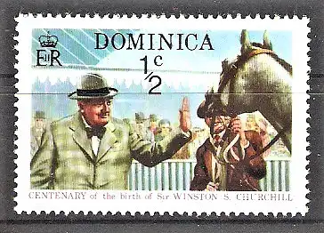 Briefmarke Dominica Mi.Nr. 404 ** 100. Geburtstag von Winston Spencer Churchill 1974 / Churchill beim Pferderennen