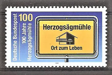 Briefmarke BRD Mi.Nr. 1740 ** 100 Jahre Herzogsägmühle 1994 / Ortsschild mit Emblem und Motto der diakonischen Einrichtung