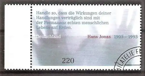 Briefmarke BRD Mi.Nr. 2338 o Seitenrand links - Hans Jonas 2003 / Philosoph und Religionshistoriker