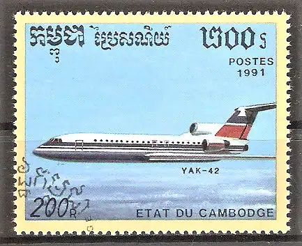 Briefmarke Kambodscha Mi.Nr. 1234 o Verkehrsflugzeuge 1991 / Jakowlew Yak-42
