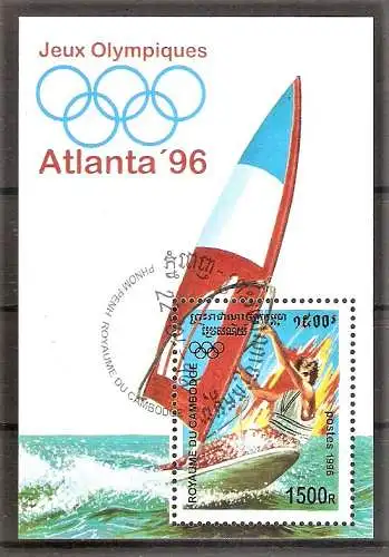 Briefmarke Kambodscha BLOCK 217 o (Mi.Nr. 1561) Olympische Sommerspiele Atlanta 1996 / Windsurfen