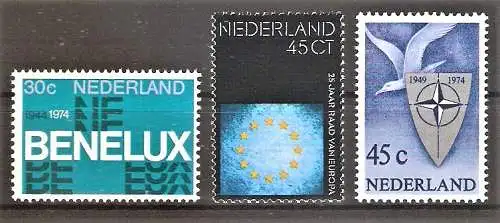 Briefmarke Niederlande Mi.Nr. 1035-1037 ** Zollunion, Europarat, NATO 1974 / Kompletter Satz !