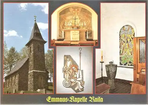 Ansichtskarte Deutschland - Saalburg-Ebersdorf / Ortsteil Raila : Emmaus-Kapelle Raila - Außenansicht, Taufe mit Tauffenster, Altarbild Emmaus, Christus wäscht den Jüngern die Füße (2213)