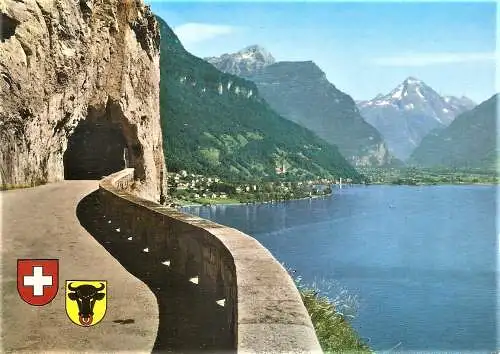 Ansichtskarte Schweiz - Axenstrasse mit Flüelen / Vierwaldstättersee, Bristenstock (2532)