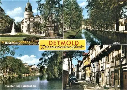 Ansichtskarte Deutschland - Detmold / Schloßpark, Allee, Theater mit Burggraben, Adolfstraße (2060)