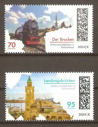 Briefmarke BRD Mi.Nr. 3817-3818 ** Sehenswürdigkeiten in Deutschland 2024 / Lokomotive der Brockenbahn & Landungsbrücken am Hamburger Hafen / Kompletter Satz ! #2024115