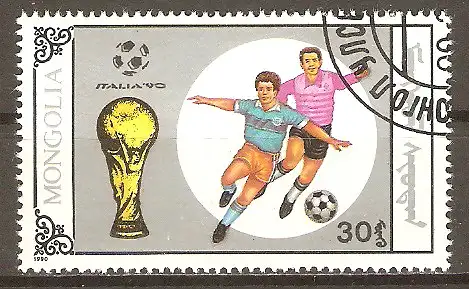 Briefmarke Mongolei Mi.Nr. 2122 o Fussball-Weltmeisterschaft Italien 1990 / Zweikämpfe & FIFA-Pokal #2024174