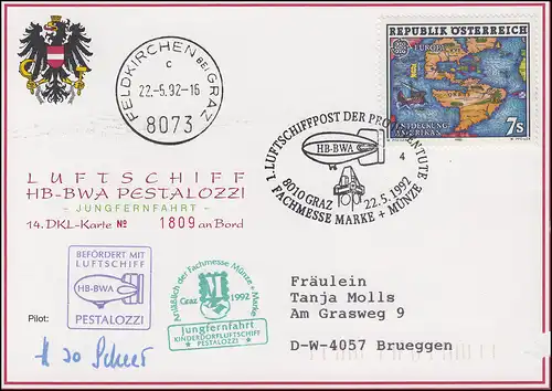 Luftschiffspost DKL 14 PESTALOZZI Pro Juventute GRAZ Messe Marke+Münze 22.5.1992