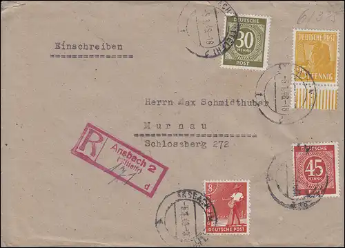 928ff Kontrollrat I+II MiF Not-R-Stempel ANSBACH 2  5.1.1948 nach MURNAU 7.1.48