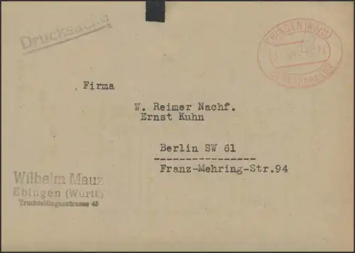 Gebühr-Bezahlt-Stempel Drucksache Ebingen/Württemberg 31.10.47 nach Berlin