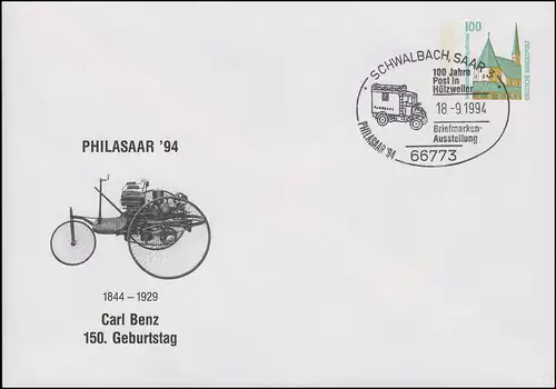PU 290 PHILASAAR'94 Carl Benz, SSt Schwalbach Post in Hülzeuler 18.9.1994