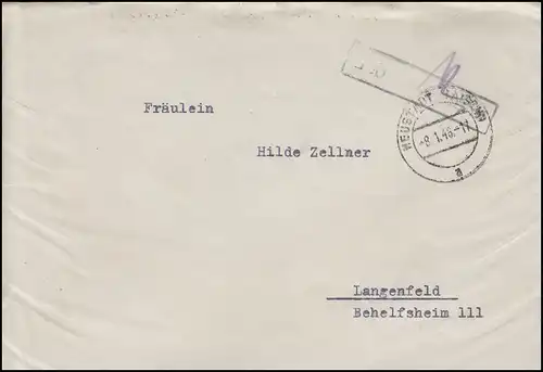 Gebühr-bezahlt-Stempel schwarz auf Brief NEUSTADT / AISCH 8.1.46 nach Langenfeld