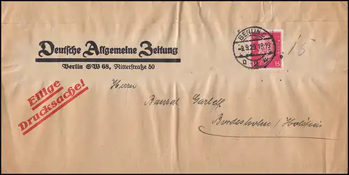 Firmenlochung DAZ auf 414 Hindenburg Streifband Eilige Drucksache BERLIN 9.9.29