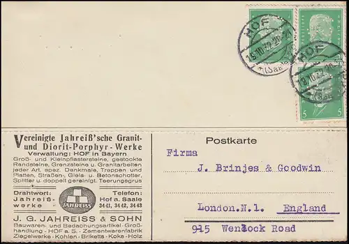 Firmenlochung JS auf Hindenburg 5 Pf als MeF auf Postkarte HOF/SAALE 19.10.32