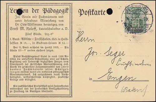 Firmenlochung H auf Germania 5 Pf als EF auf Postkarte FREIBURG/BREISGAU 16.8.15