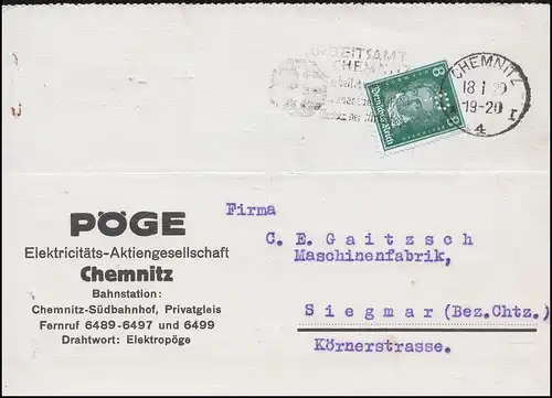 Firmenlochung P auf 389 Beethoven 8 Pf. als EF auf Postkarte CHEMNITZ 18.1.29