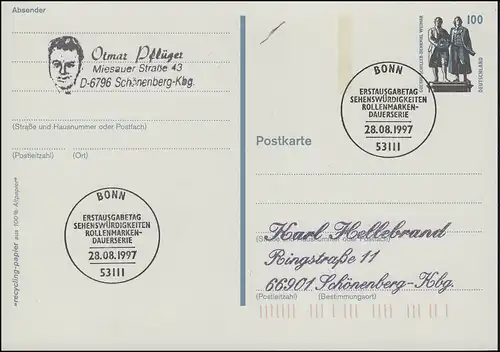 P 157 SWK Goethe/Schiller 1997 als FDC ESSt Bonn 28.8.1997 nach Schönenberg