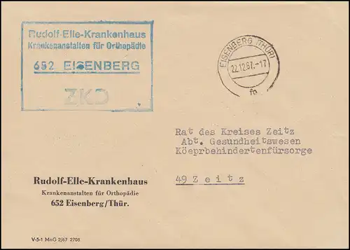 ZKD-Brief Rudolf-Elle-Krankenhaus Orthopädie EISENBERG 22.12.67 n. ZEITZ 27.12.