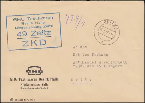 ZKD-Brief GHG Textilwaren Bezirk Halle Niederlassung Zeitz Orts-Brief 14.1.65