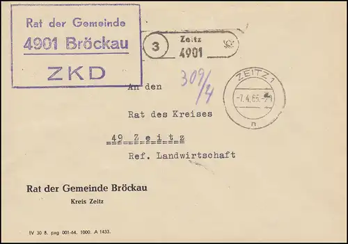 ZKD-Brief Rat der Gemeinde Bröckau als Orts-Brief ZEITZ 7.4.65 an den Kreisrat