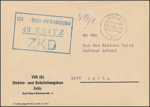 ZKD-Brief VEB Elektro- und Rohrleitungsbau Zeitz als Orts-Brief 13.1.65