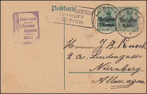 Zensur Belgien Postkarte P 9 + Zusatzfr. 2 Germania SERAING 9.10.16 BPP-geprüft