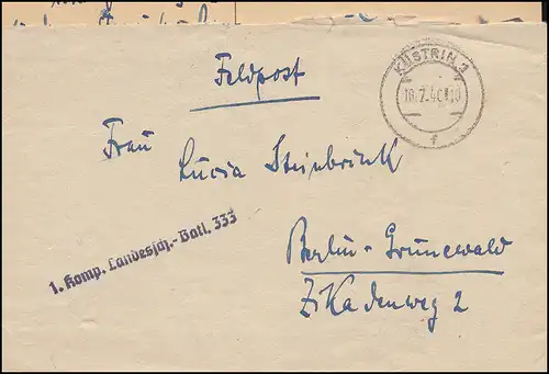 Poste de terrain Indiciaire 1. Compar. Landessch.-Batl. 333 Lettre KÜSTRIN 19.7.40 n. Berlin