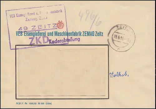 ZKD-Fensterbrief VEB Eisengießerei und Maschinenfabrik ZEMAG Zeitz 11.6.65