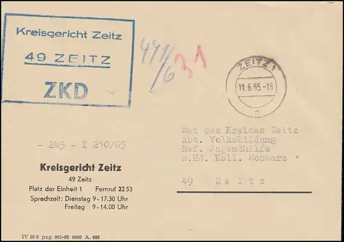 ZKD-Brief Kreisgericht Zeitz auf Orts-Brief ZEITZ 11.6.65 an den Rat des Kreises