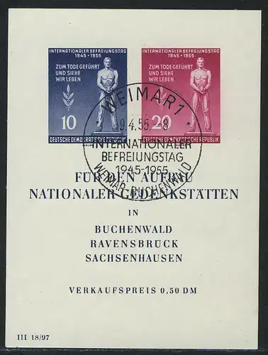 Block 11 Gedenkstätten mit Ersttagssonderstempel ESST Weimar 9.4.55