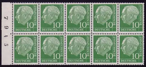 Heftchenblatt 10g aus Markenheftchen 6g Heuss, schwarze Randziffern ** / MNH