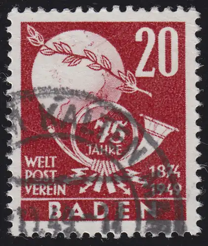 Baden 56 Weltpostverein UPU 20 Pf. O geprüft