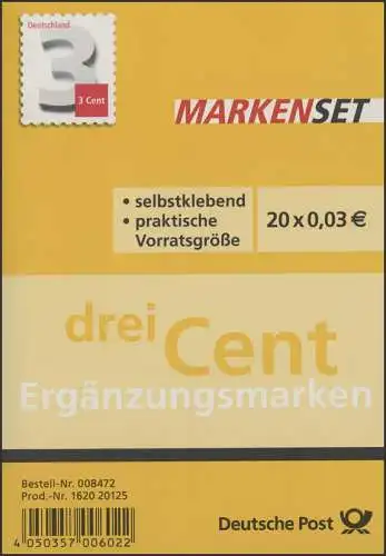 FB 24 Drei Cent, Folienblatt 20 x 2967, postfrisch **