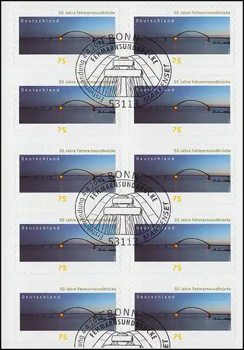 FB 29 Fehmarnsundbrücke, Folienblatt 10x3003, Erstverwendungsstempel Bonn 4.4.13