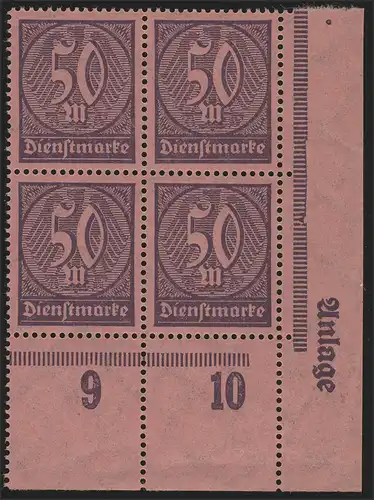 73 Dienstmarken 50 M. mit Zudruck Anlage, Eckrand-Viererblock unten rechts **