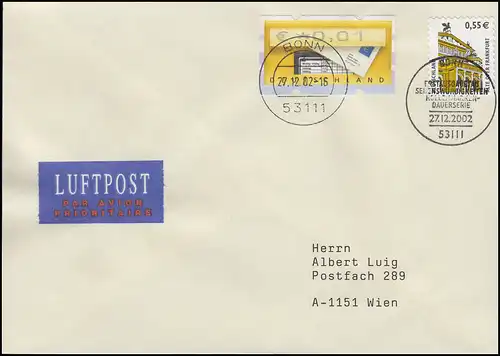 2304BA SWK Alte Oper Frankfurt, Airpost-FDC ESSt Bonn 27.12.2002 à Vienne