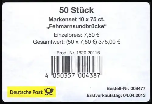 FB 29 Fehmarnsundbrücke, Folienblatt - Banderole ohne DHL-Code