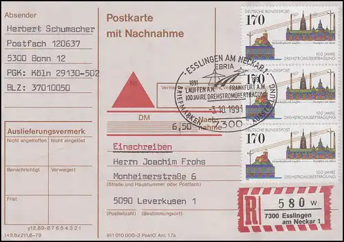 1557 Drehstromübertragung, MeF Postkarte mit Nachnahme SSt Esslingen 3.10.1991