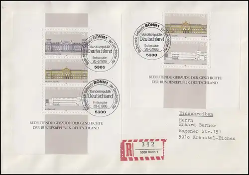 Demokratie-Block 20 Gebäude mit Blockteil 1288/89, R-FDC mit ESSt Bonn 20.6.86