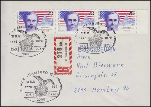 895 Unabhängigkeit der USA 3x 70 Pf. MeF Orts-R-FDC ESSt HAMBURG Adler 13.5.1976