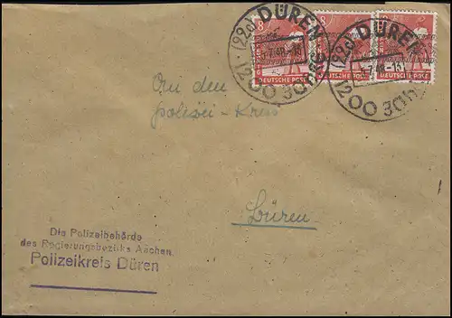 38I Band-Aufdruck 3x 8 Pf. MeF auf Orts-Brief Polizeikreis SSt DÜREN 5.7.48